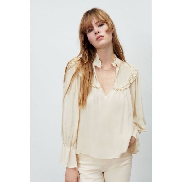 ZARA PEARL TRIM RUFFLED BLOUSE - Picture 1 of 6